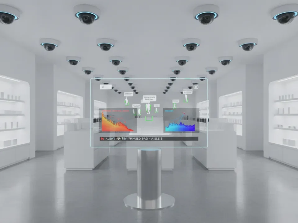 AI-powered security cameras in a retail store with analytics display