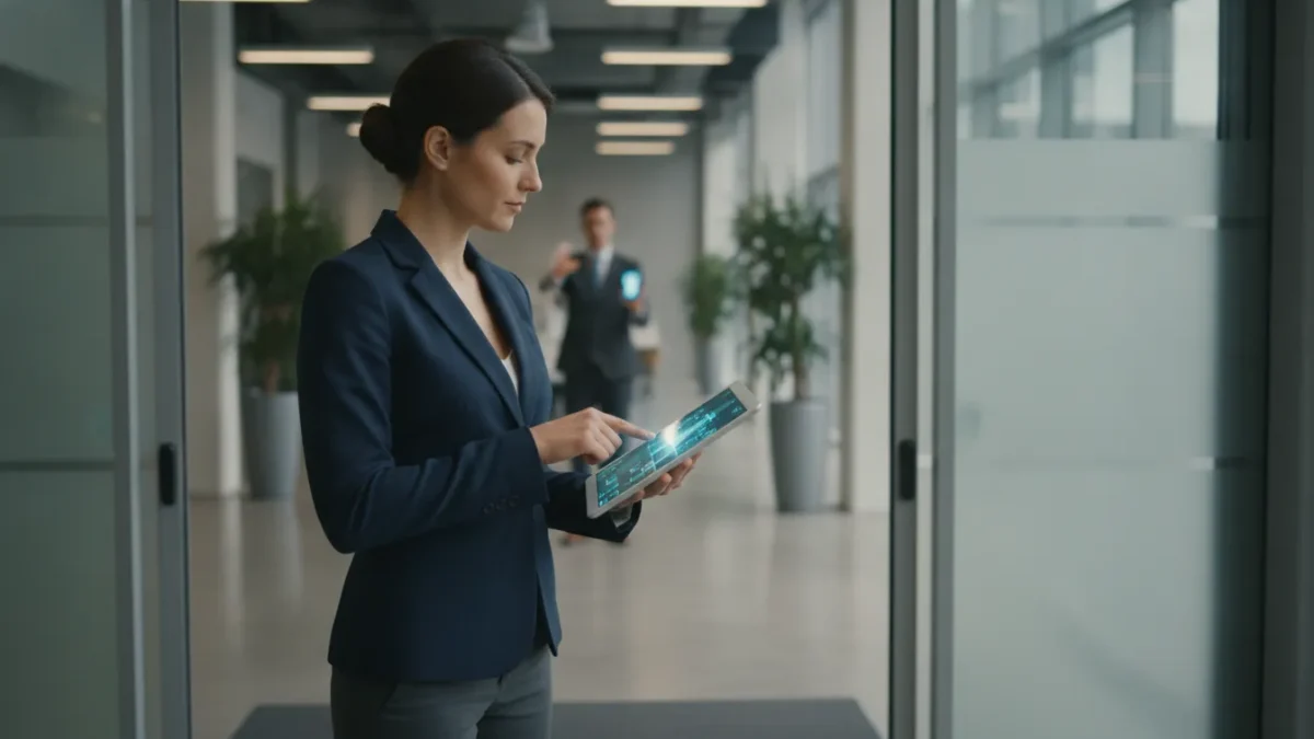Professional property manager reviewing access control on a tablet at a modern commercial entrance