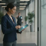 Professional property manager reviewing access control on a tablet at a modern commercial entrance