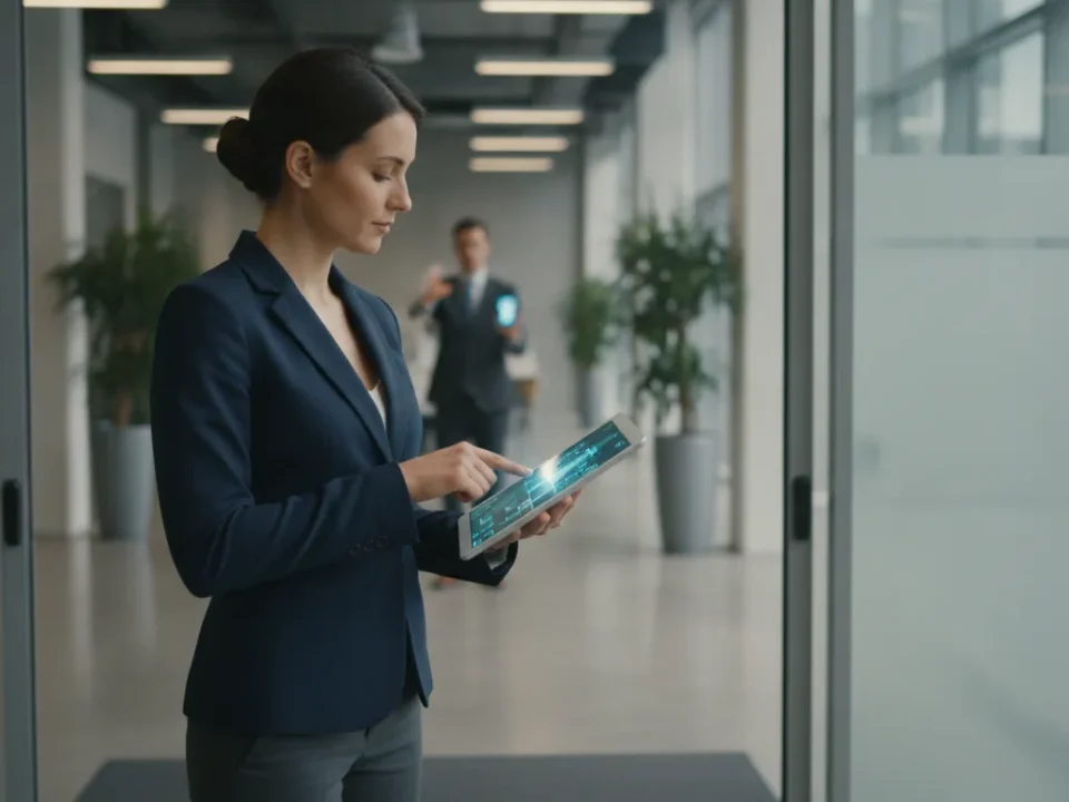 Professional property manager reviewing access control on a tablet at a modern commercial entrance