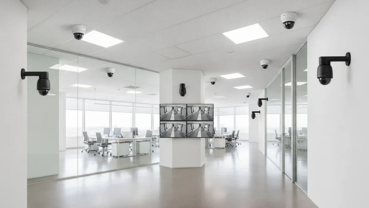 Commercial security camera systems installation with dome and bullet cameras in a modern office environment