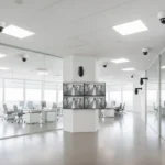 Commercial security camera systems installation with dome and bullet cameras in a modern office environment