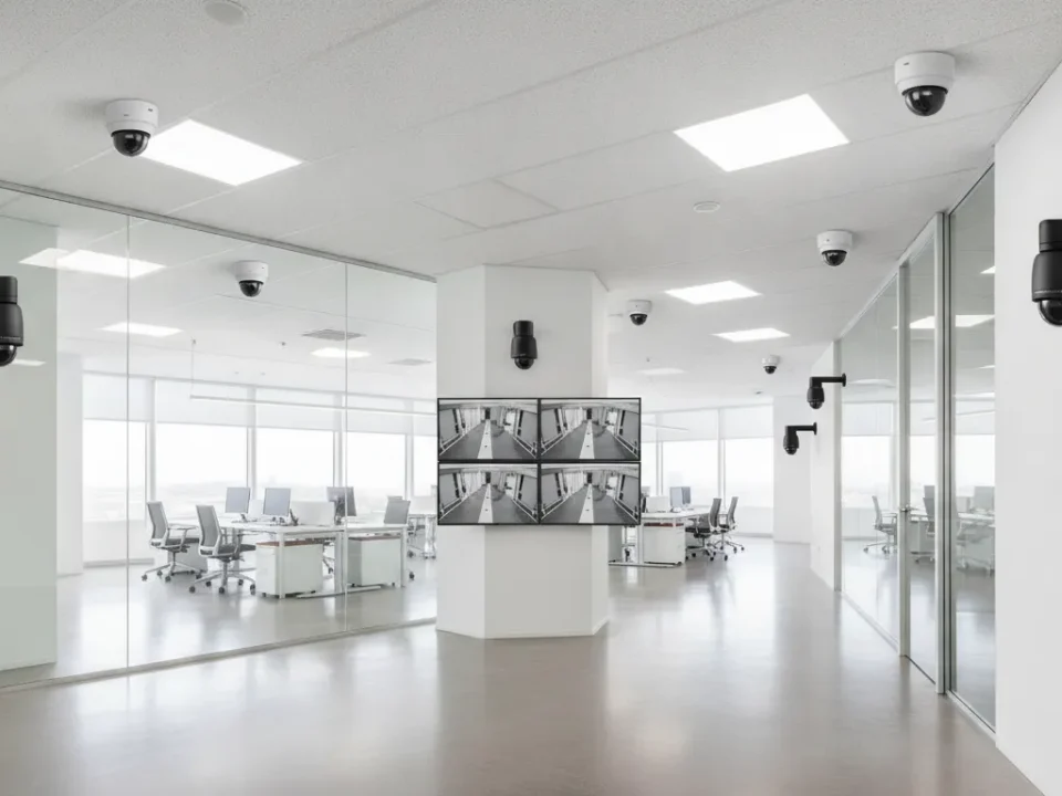 Commercial security camera systems installation with dome and bullet cameras in a modern office environment