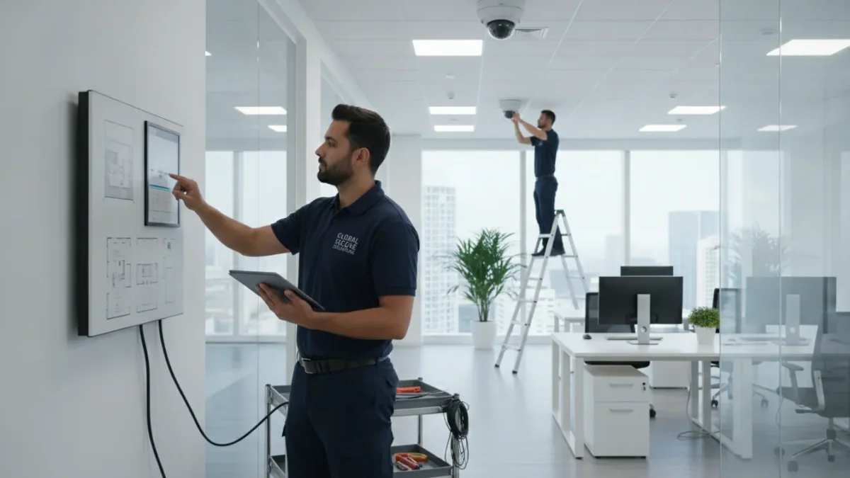 Commercial security system technician performing maintenance on a security panel
