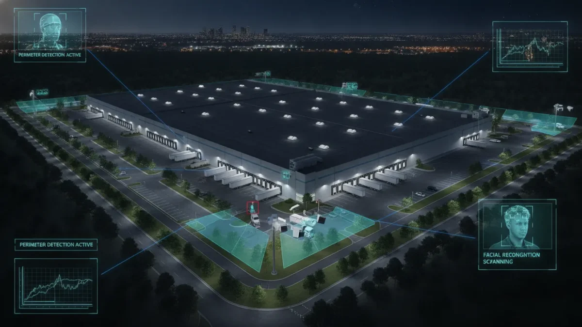 AI-powered security cameras monitoring a warehouse perimeter at night with analytics overlays