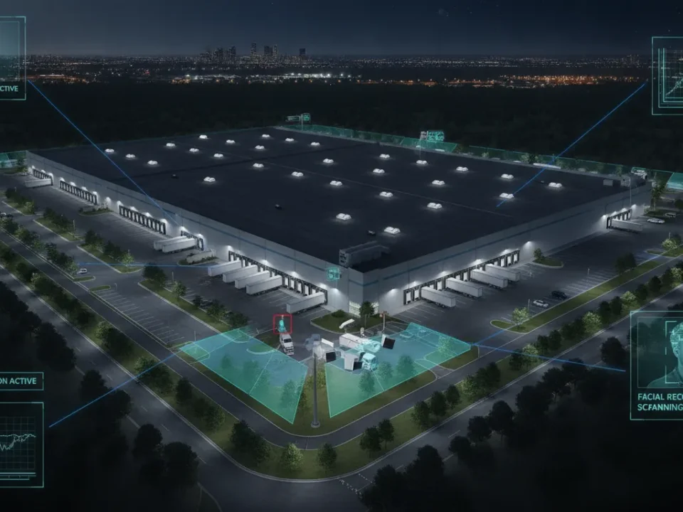 AI-powered security cameras monitoring a warehouse perimeter at night with analytics overlays