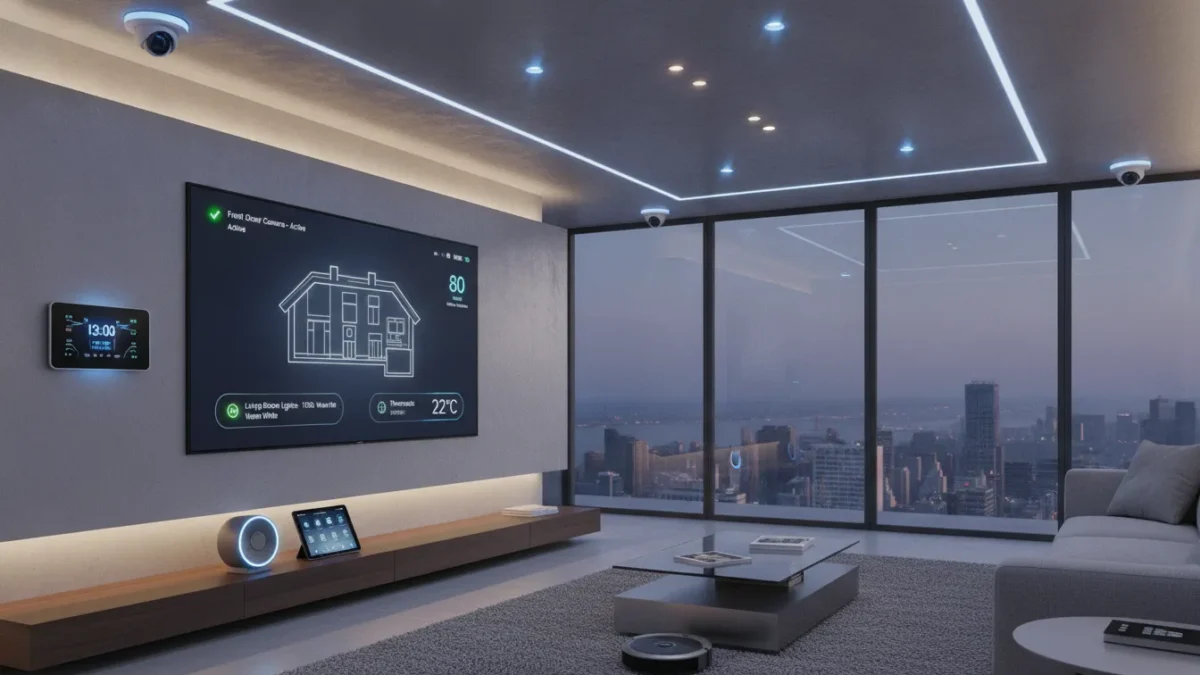 Modern smart home with connected devices, security cameras, smart lights, and thermostat displayed in a sleek living room