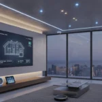 Modern smart home with connected devices, security cameras, smart lights, and thermostat displayed in a sleek living room