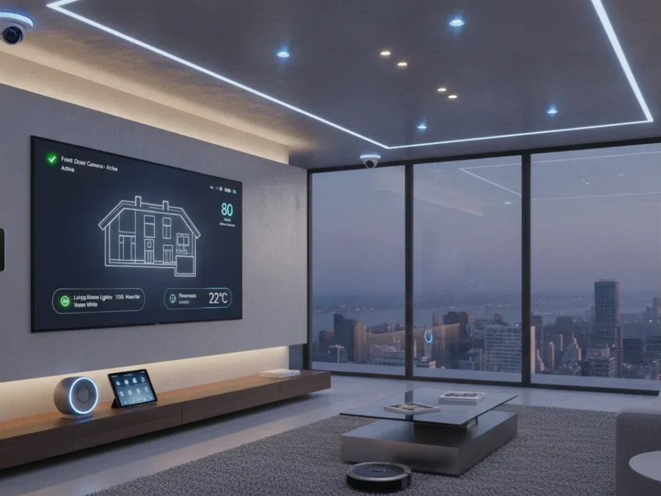 Modern smart home with connected devices, security cameras, smart lights, and thermostat displayed in a sleek living room