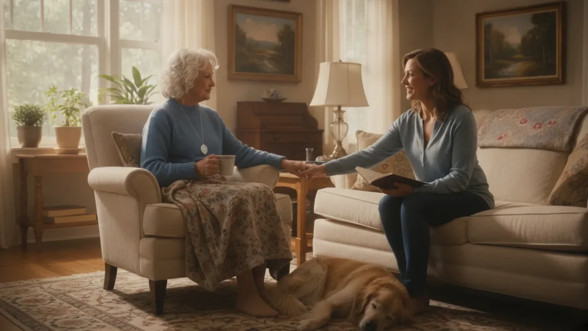 Senior woman wearing a medical alert pendant in her living room