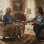 Senior woman wearing a medical alert pendant in her living room