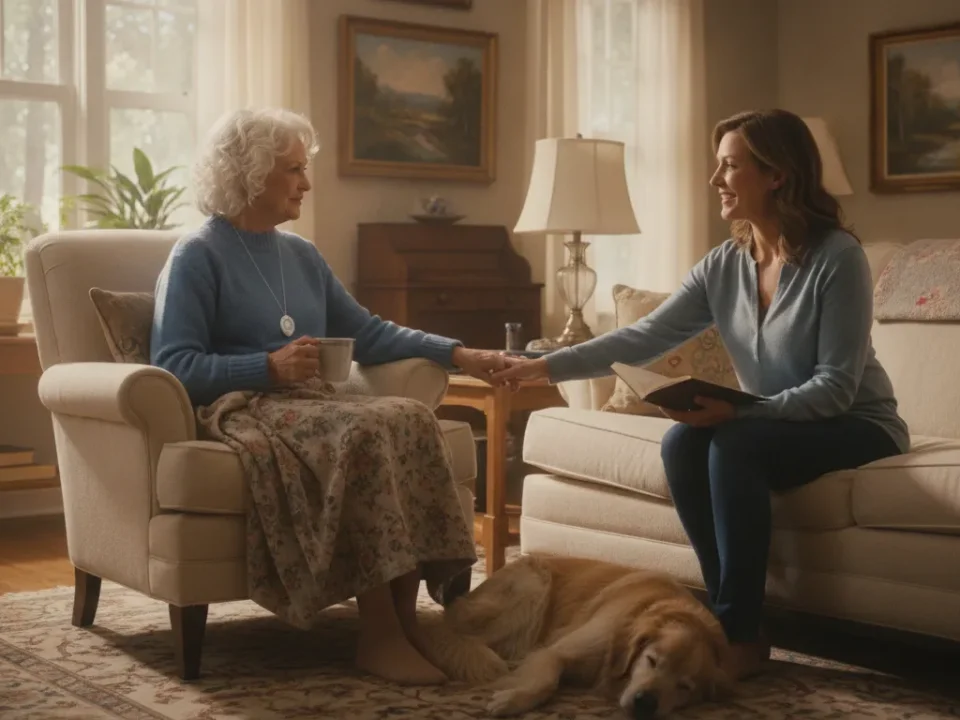 Senior woman wearing a medical alert pendant in her living room