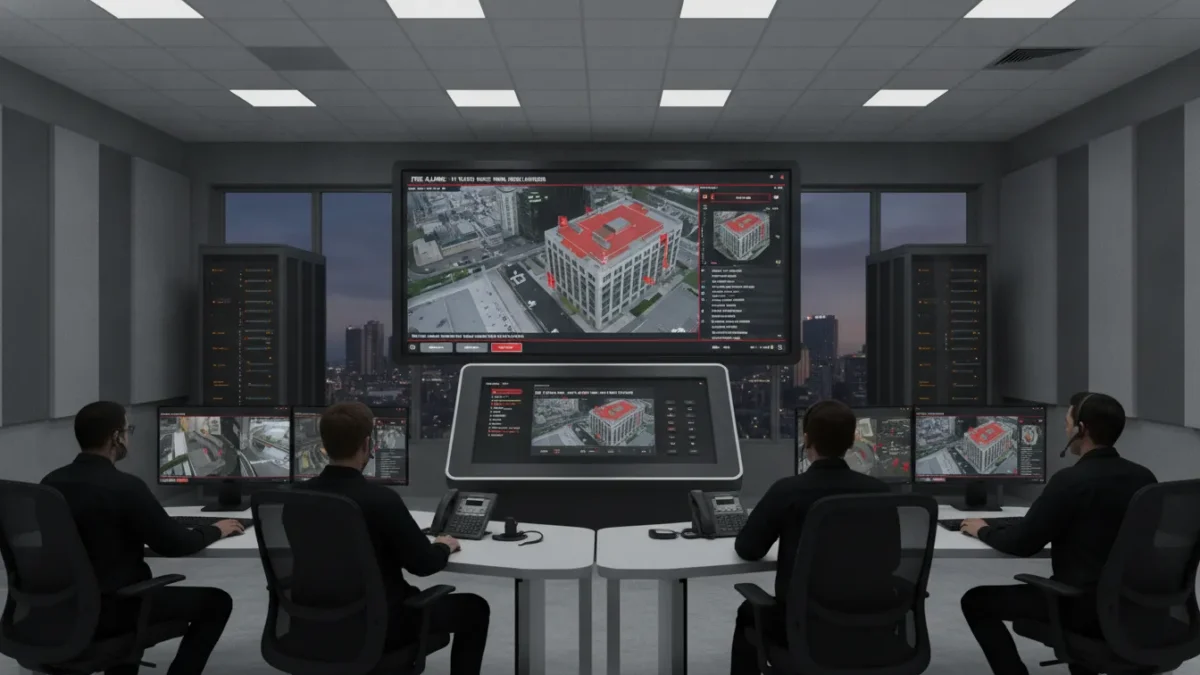 Professional commercial fire alarm control panel and monitoring station display in a clean business environment