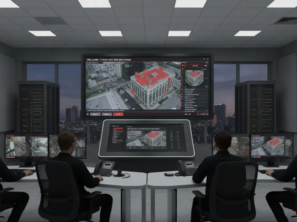Professional commercial fire alarm control panel and monitoring station display in a clean business environment