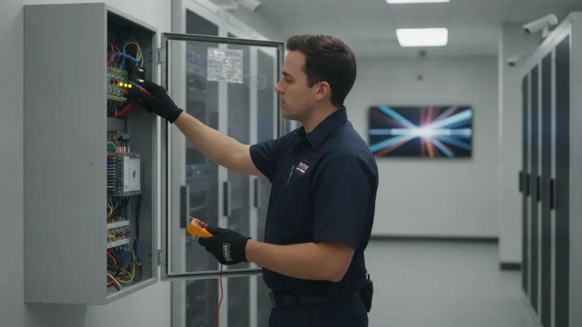 Commercial fire alarm control panel and safety equipment in a professional facility