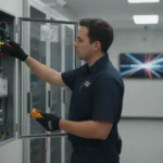 Commercial fire alarm control panel and safety equipment in a professional facility