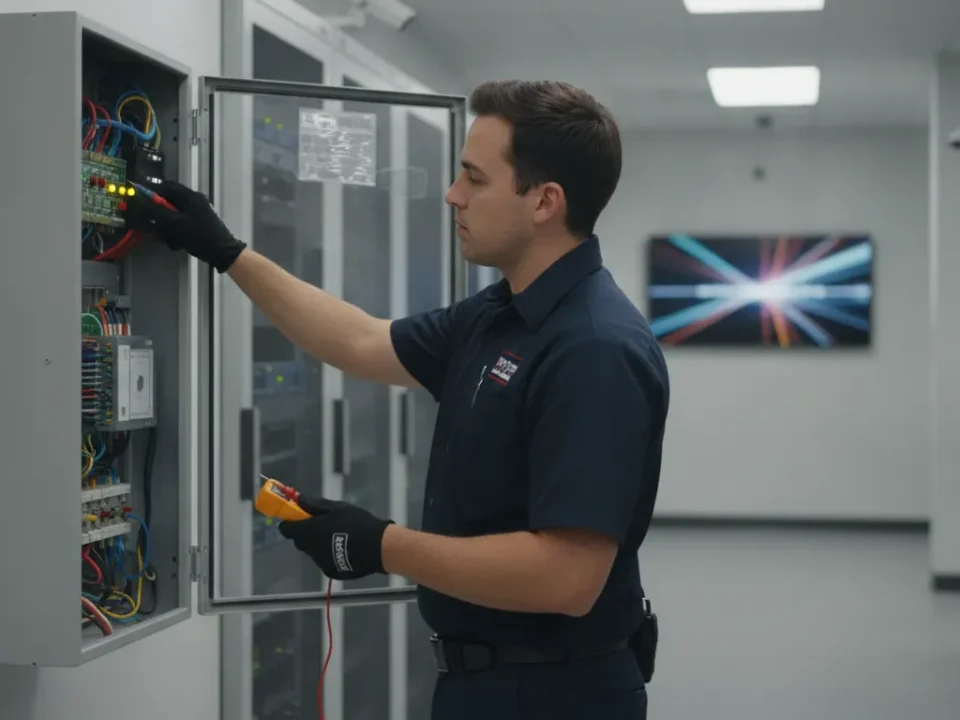 Commercial fire alarm control panel and safety equipment in a professional facility