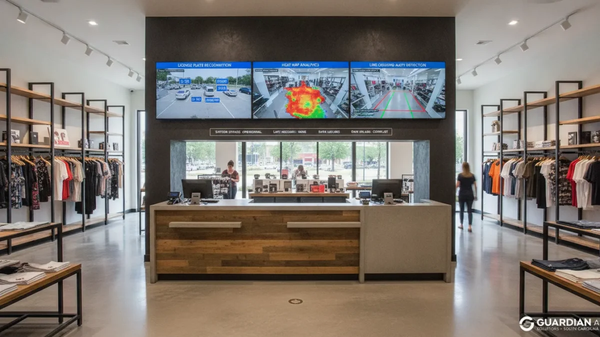 AI video analytics dashboard displaying license plate recognition, heat map overlays, and line crossing detection for retail security monitoring