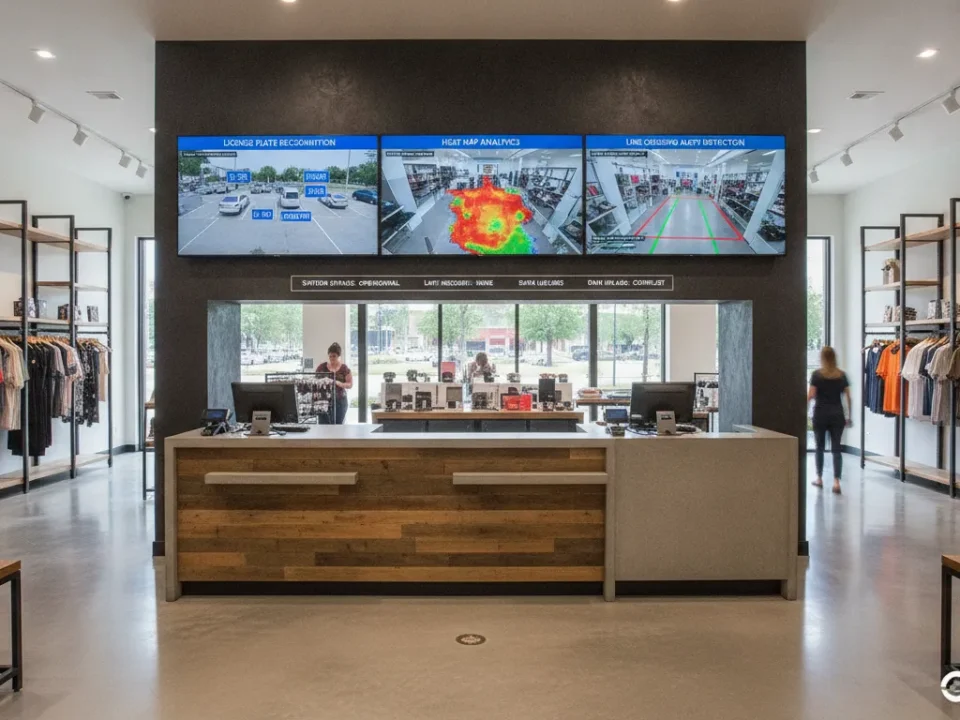 AI video analytics dashboard displaying license plate recognition, heat map overlays, and line crossing detection for retail security monitoring