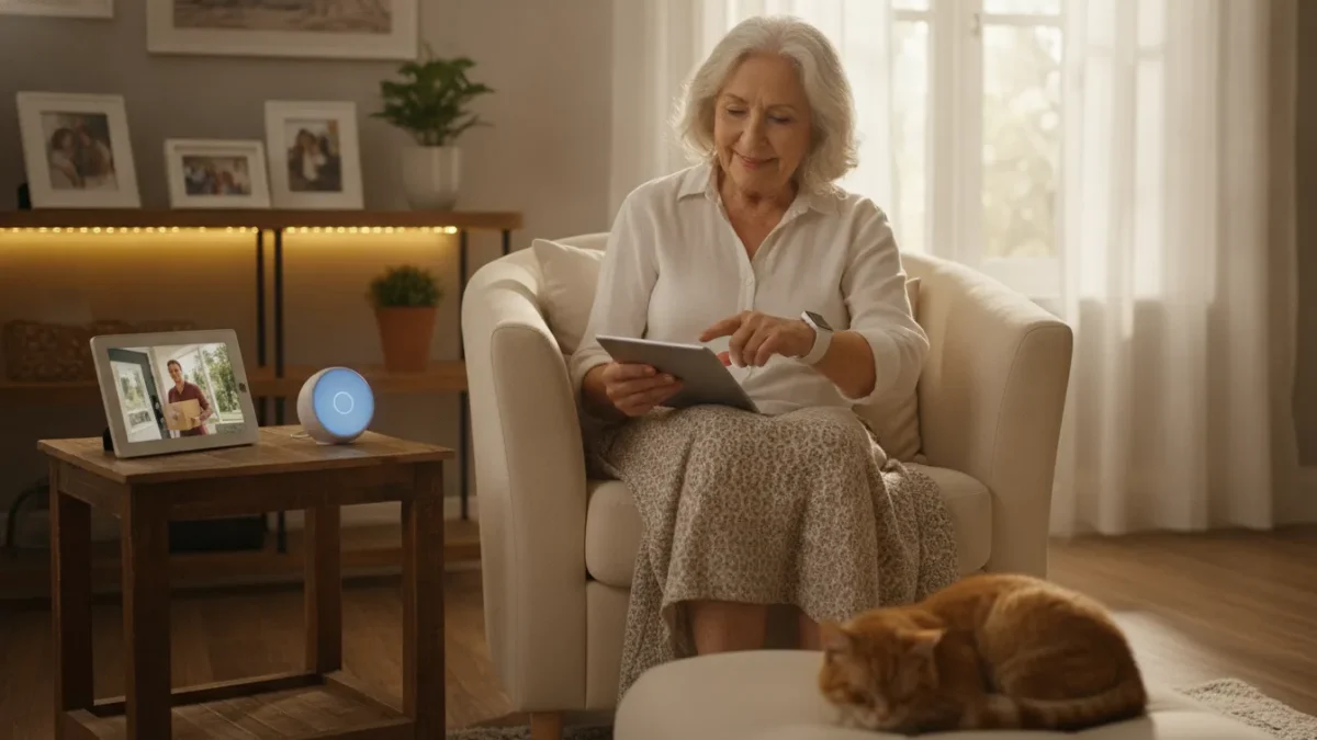 Senior using smart home technology with medical alert watch for independent living