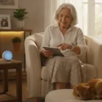 Senior using smart home technology with medical alert watch for independent living