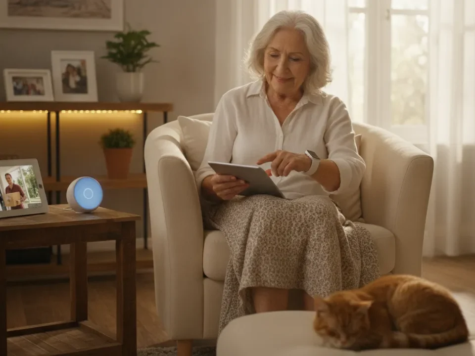 Senior using smart home technology with medical alert watch for independent living