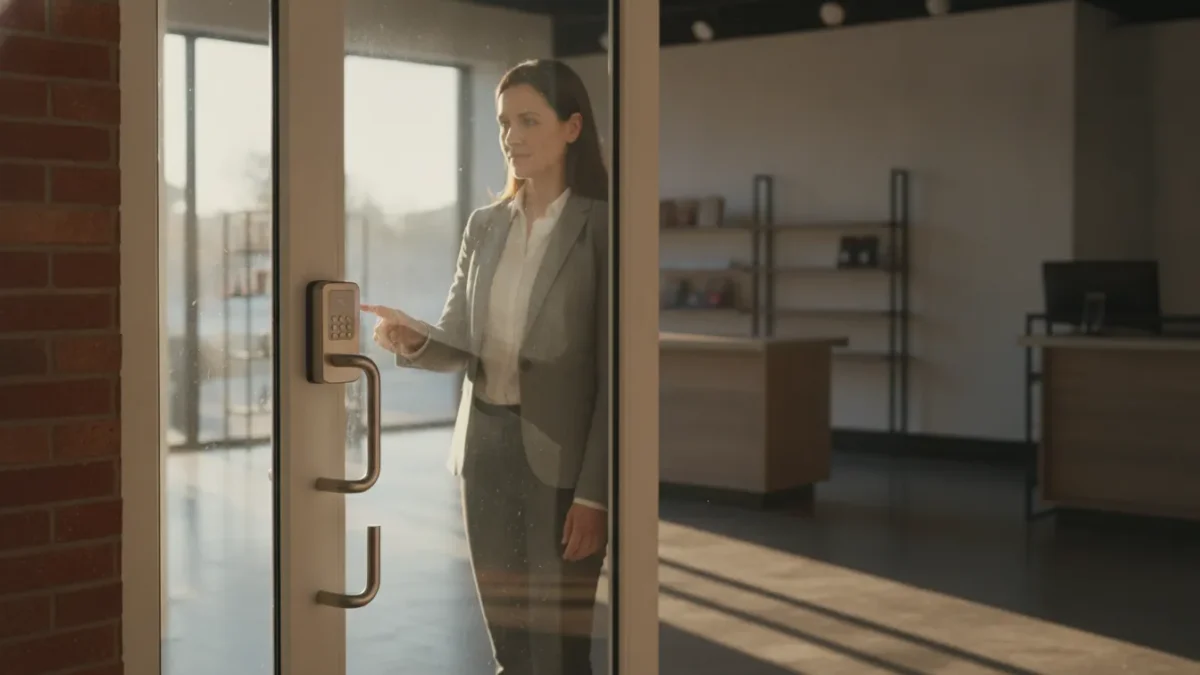 Small business owner using a digital keypad lock on a commercial storefront door, showing modern smart lock technology
