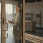 Small business owner using a digital keypad lock on a commercial storefront door, showing modern smart lock technology