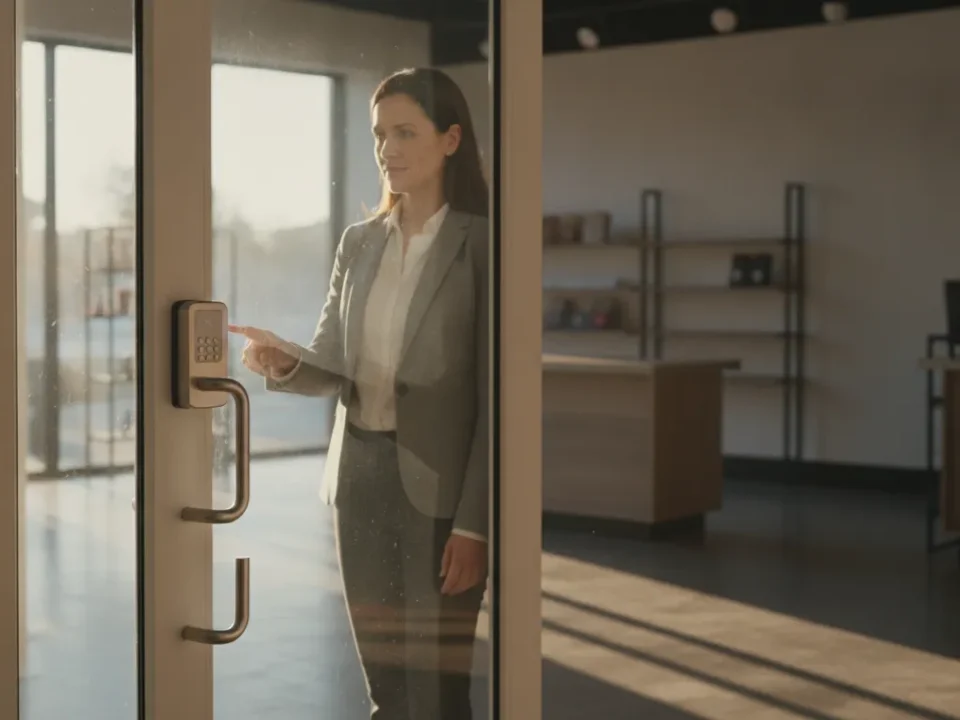 Small business owner using a digital keypad lock on a commercial storefront door, showing modern smart lock technology