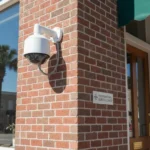 Modern commercial security camera installed on a brick building exterior in South Carolina