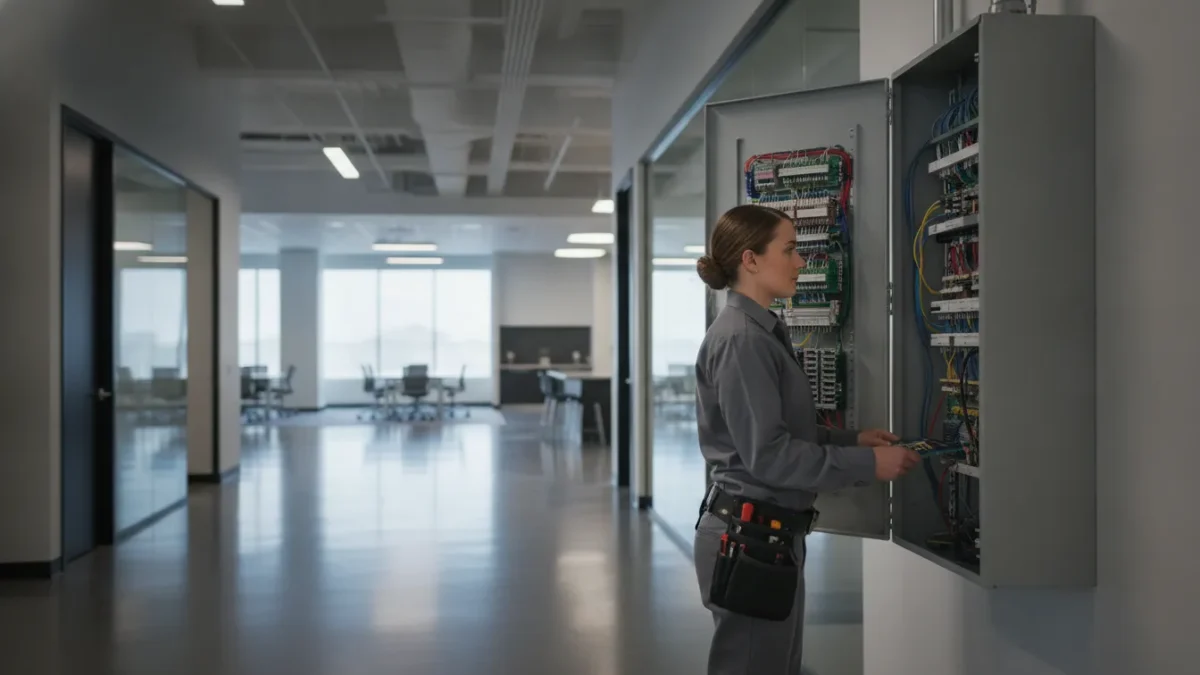 Technician inspecting an addressable fire alarm system in a commercial building