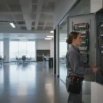 Technician inspecting an addressable fire alarm system in a commercial building