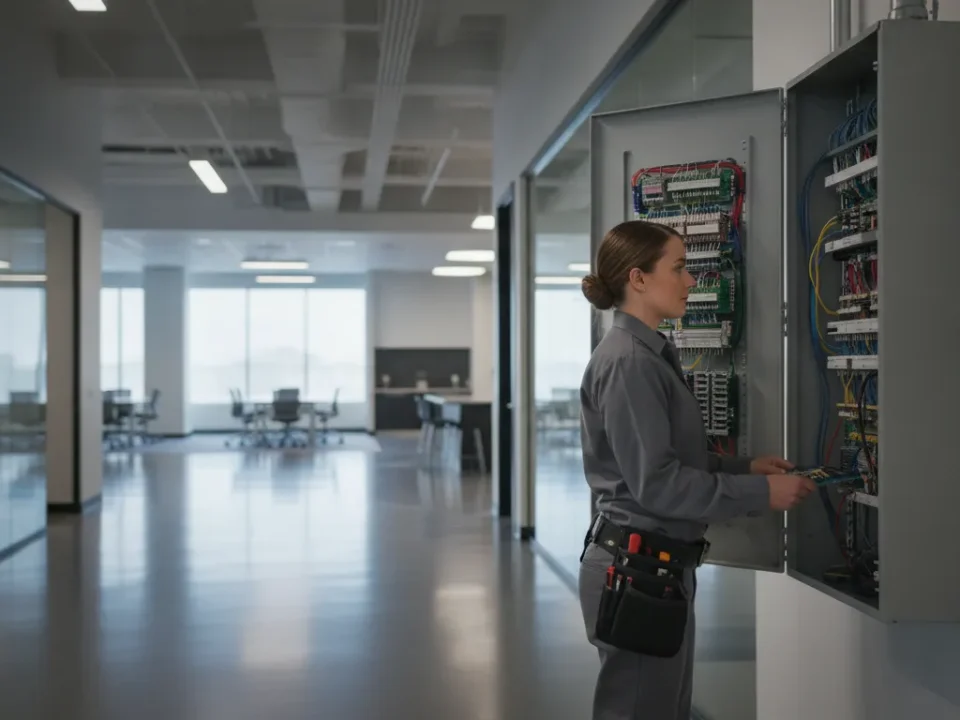 Technician inspecting an addressable fire alarm system in a commercial building
