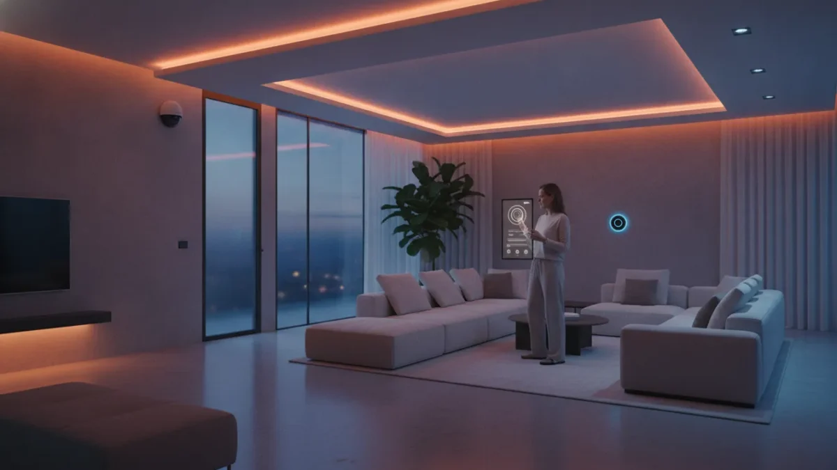 Homeowner controlling connected smart home devices with a wall-mounted tablet at dusk