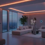 Homeowner controlling connected smart home devices with a wall-mounted tablet at dusk