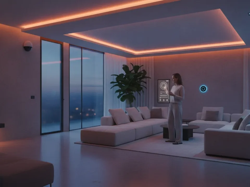 Homeowner controlling connected smart home devices with a wall-mounted tablet at dusk