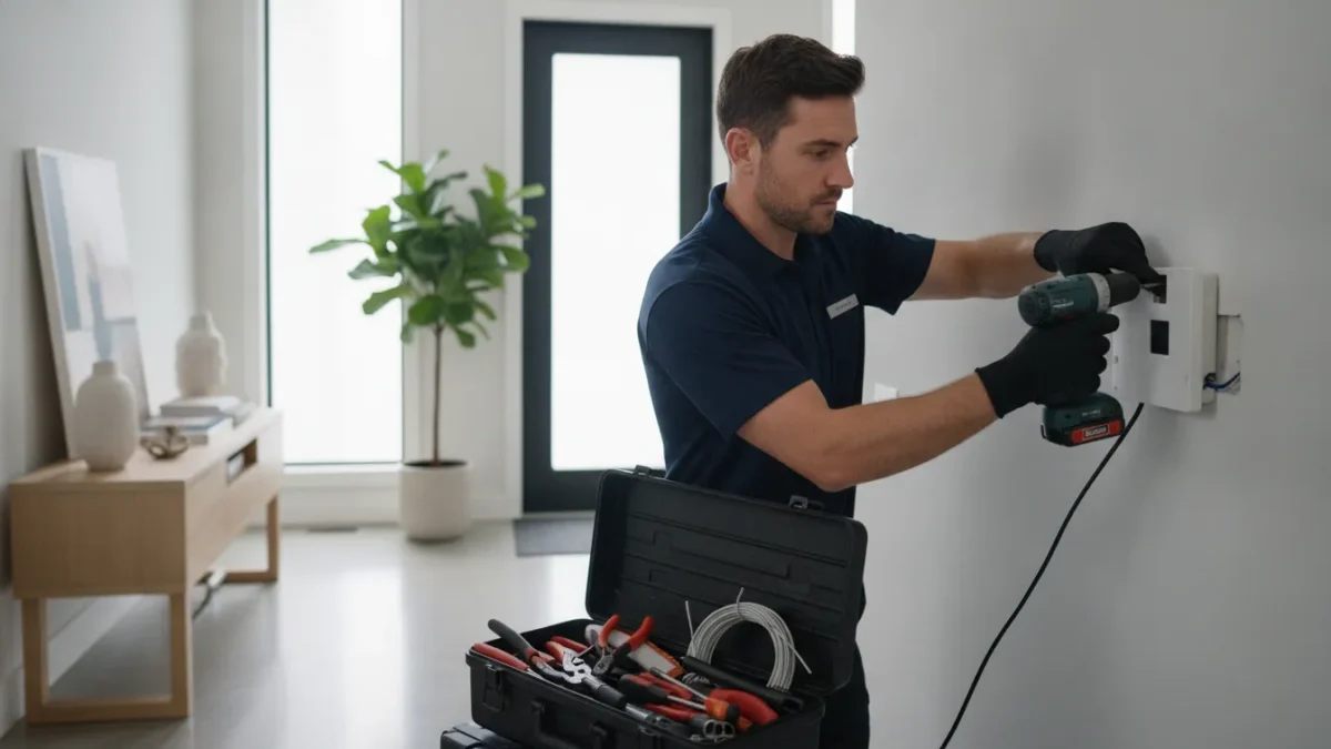 Factory-trained technician installing the best professionally installed home security system for a South Carolina home