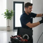 Factory-trained technician installing the best professionally installed home security system for a South Carolina home
