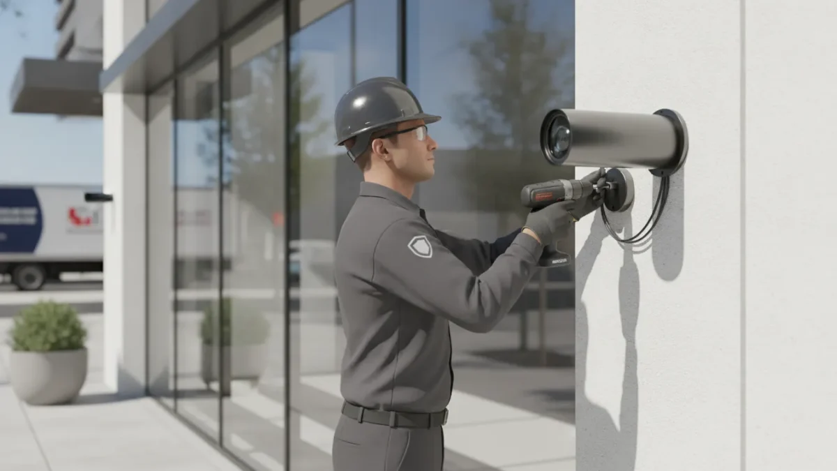 A security technician installing a commercial security camera outside a retail storefront