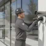 A security technician installing a commercial security camera outside a retail storefront