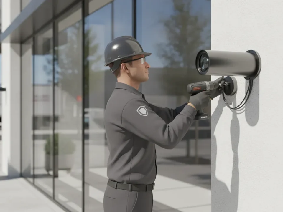 A security technician installing a commercial security camera outside a retail storefront
