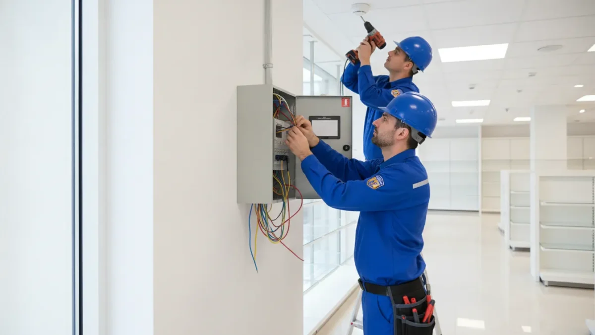 Commercial fire alarm control panel and smoke detector installed in a modern commercial building