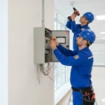 Commercial fire alarm control panel and smoke detector installed in a modern commercial building