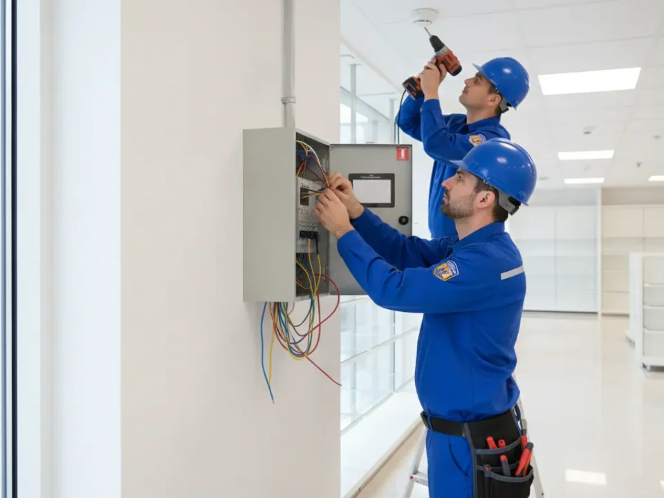 Commercial fire alarm control panel and smoke detector installed in a modern commercial building