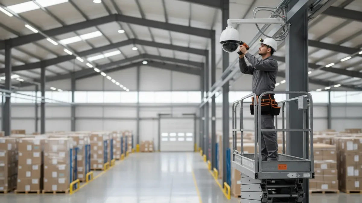 Professional technician installing a commercial security camera for a business