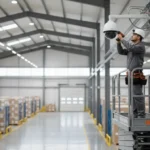 Professional technician installing a commercial security camera for a business