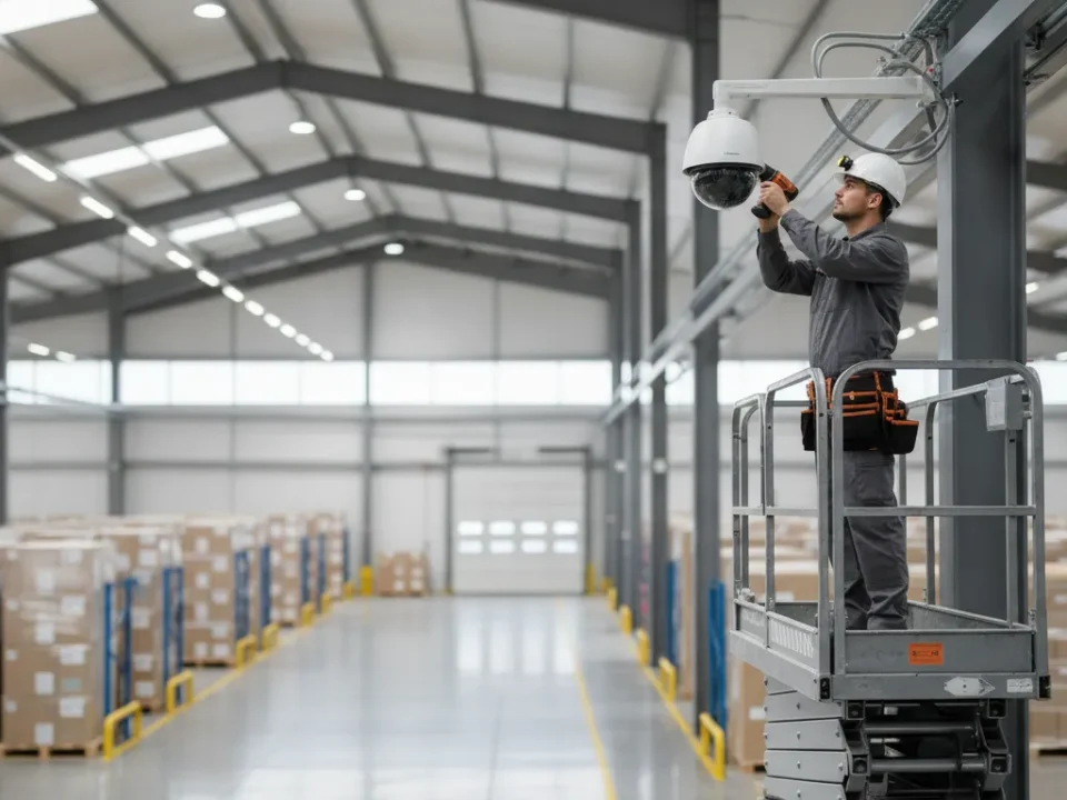 Professional technician installing a commercial security camera for a business