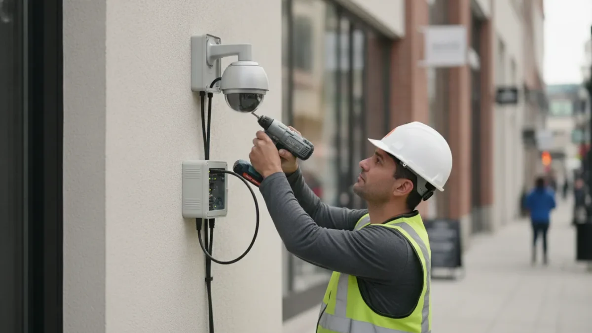 Professional technician installing a commercial security camera on the exterior of a business building