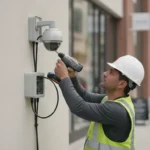 Professional technician installing a commercial security camera on the exterior of a business building