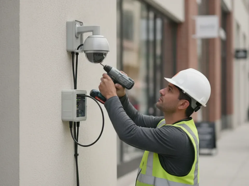 Professional technician installing a commercial security camera on the exterior of a business building